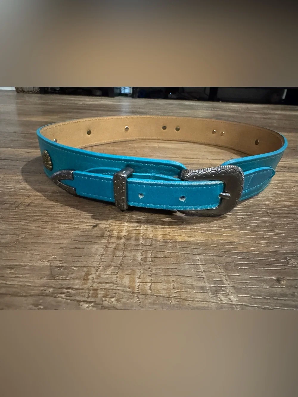 Vintage Turquoise Made in Spain Silver Concho Details and Buckle Length 34”